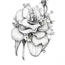 rose, iris, daffodil, dead flower, honeysuckle, violet, hydrangea, and lilac in vine formation tattoo design idea