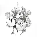 rose, iris, daffodil, dead flower, honeysuckle, violet, hydrangea, and lilac in vine formation tattoo design idea