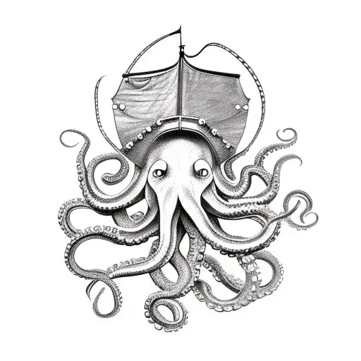 Octopus attacking a viking boat tattoo design idea