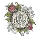  intricate design of flowering petals around a plump raspberry with the words live your dreams looped around it in elega tattoo design idea