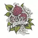  intricate design of flowering petals around a plump raspberry with the words live your dreams looped around it in elega tattoo design idea