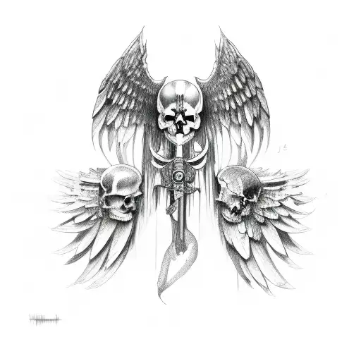 fallen agel, wings, skull, scythe tattoo design idea