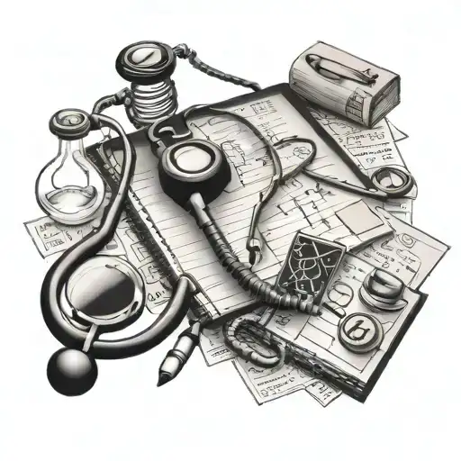 BLACK AND GREY table with papers on the table of genetic symbols DNA double helix stethoscope and medical books tattoo design idea