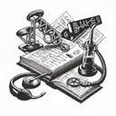 BLACK AND GREY table with papers on the table of genetic symbols DNA double helix stethoscope and medical books tattoo design idea