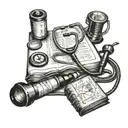 BLACK AND GREY table with papers on the table of genetic symbols DNA double helix stethoscope and medical books tattoo design idea