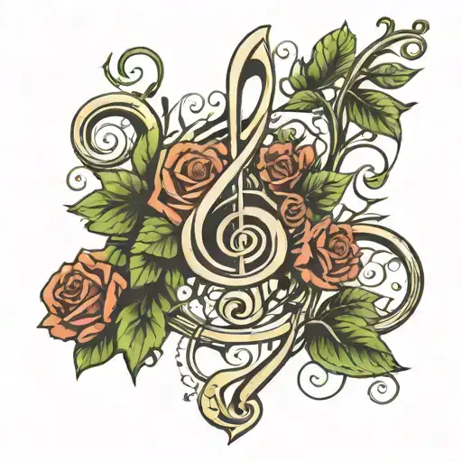 treble clef vine going with leafs and roses growing tattoo design idea