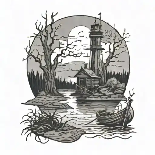 A black and grey depiction of a Texas landscape with a spooky twist - include a fishing boat being pulled into a haunted swamp by ghostly hands tattoo design idea