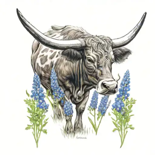 A realistic depiction of a Longhorn grazing in a field of bluebonnets, with a welding torch in the background to represent the client's passion for welding tattoo design idea