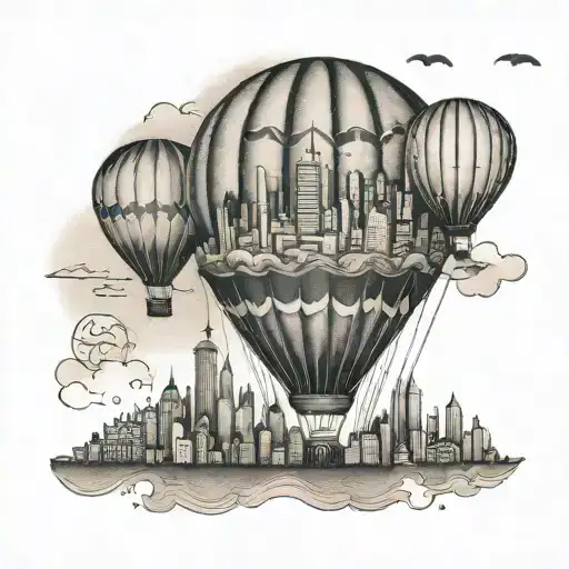 A whimsical hot air balloon floating over a city skyline with travel quotes incorporated tattoo design idea