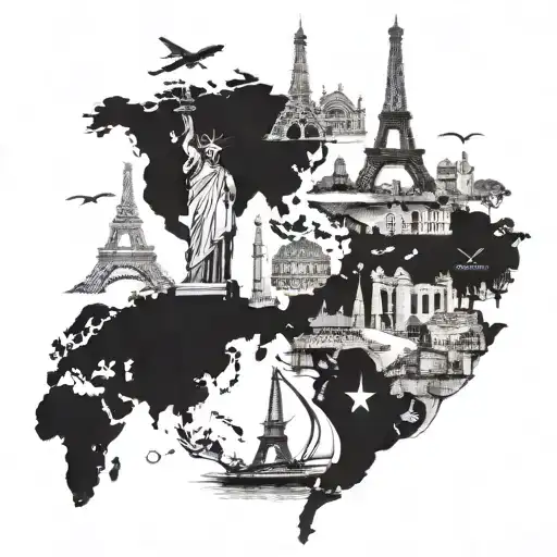 A collage of iconic landmarks from around the world forming a sleeve tattoo tattoo design idea