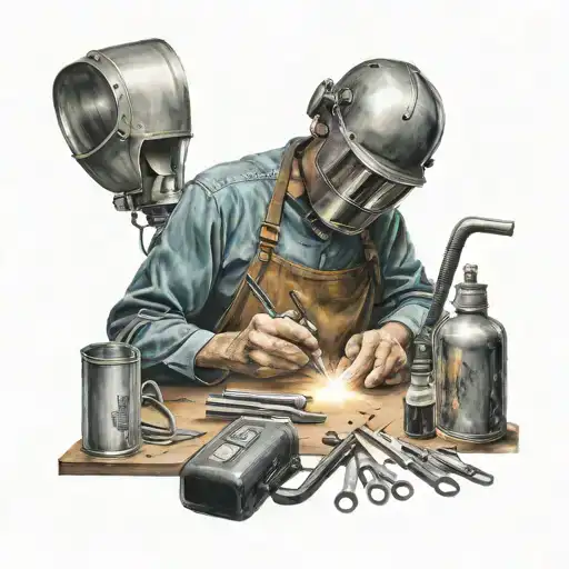 A portrait of a famous welder from history surrounded by welding tools tattoo design idea
