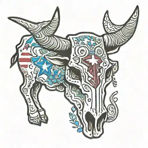 A new-school style tattoo of a Longhorn skull adorned with traditional Texan symbols like the Lone Star flag and bluebonnet flowers tattoo design idea