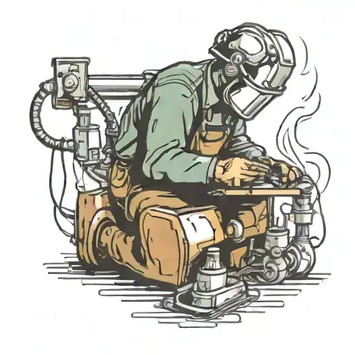 A surreal scene of a welder merging with a metal sculpture they are working on tattoo design idea