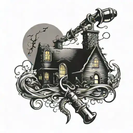 A welding torch intertwined with fishing hooks and a spooky silhouette of a haunted house in the background tattoo design idea