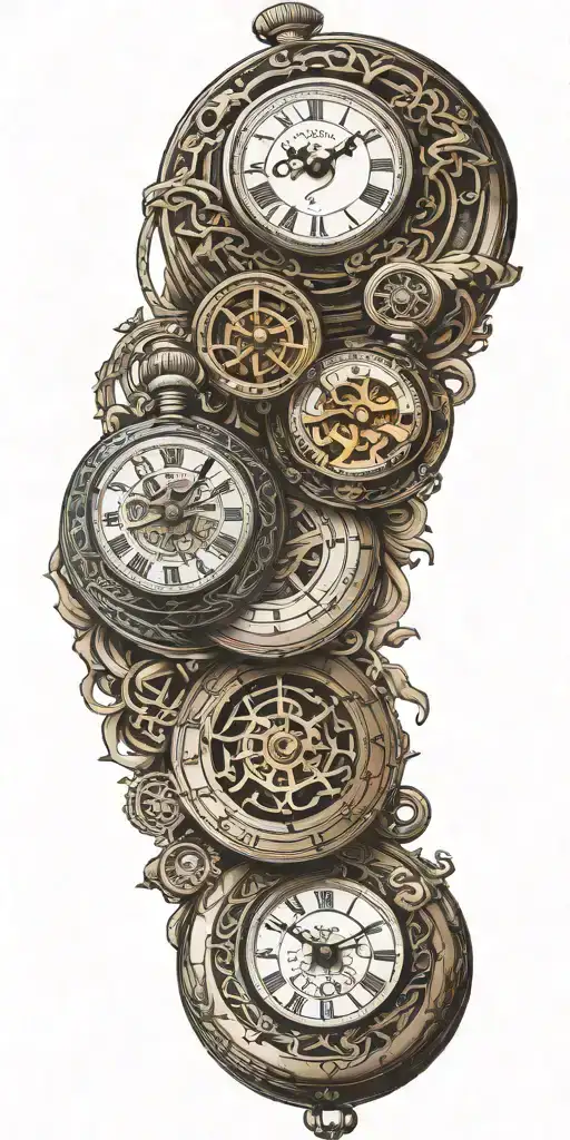 5 pocket watches merging together with kids names subtly incorporated tattoo design idea
