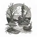 A black and grey depiction of a Texas landscape with a spooky twist - include a fishing boat being pulled into a haunted swamp by ghostly hands tattoo design idea