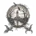 A black and grey depiction of a Texas landscape with a spooky twist - include a fishing boat being pulled into a haunted swamp by ghostly hands tattoo design idea