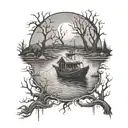 A black and grey depiction of a Texas landscape with a spooky twist - include a fishing boat being pulled into a haunted swamp by ghostly hands tattoo design idea