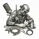 A portrait of a famous welder from history surrounded by welding tools tattoo design idea