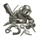 A portrait of a famous welder from history surrounded by welding tools tattoo design idea