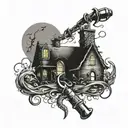 A welding torch intertwined with fishing hooks and a spooky silhouette of a haunted house in the background tattoo design idea