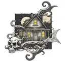 A welding torch intertwined with fishing hooks and a spooky silhouette of a haunted house in the background tattoo design idea