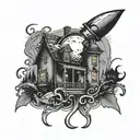 A welding torch intertwined with fishing hooks and a spooky silhouette of a haunted house in the background tattoo design idea