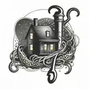 A welding torch intertwined with fishing hooks and a spooky silhouette of a haunted house in the background tattoo design idea