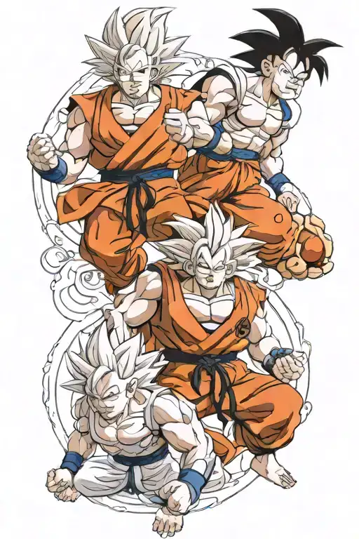 Adult Goku ultrainstinct upperbody, and kid goku and kid krilin below training with master Roshi. tattoo design idea
