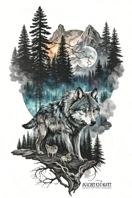 galaxy forest with mountains and wolves tattoo design idea