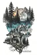 galaxy forest with mountains and wolves tattoo design idea