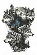 galaxy forest with mountains and wolves tattoo design idea