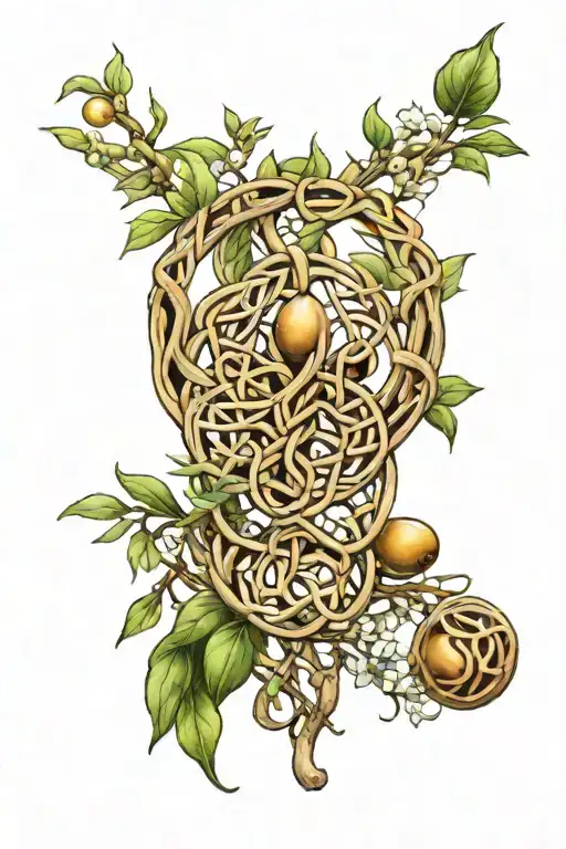 Celtic knot made of tree branches, surrounding music notes made of olives and olive tree branches, words below that say: tattoo design idea