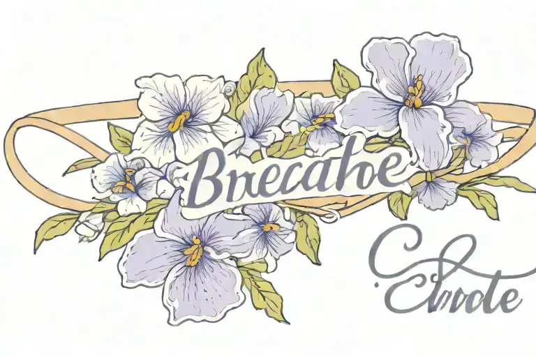 breathe in cursive font with small violets, iris, and closed roses wrapped loosely around wristband. dainty style. tattoo design idea