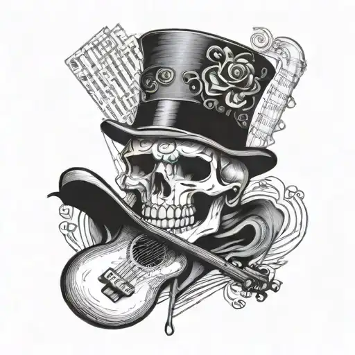 a skull wearing a top hat with a guitar in the foreground, surrounded by a sheet of music tattoo design idea