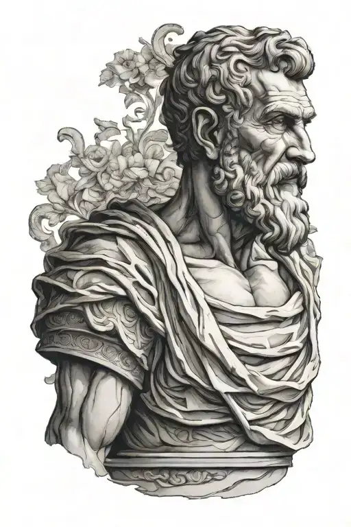 Design a realistic tattoo of Epicurus, the Greek philosopher. I want him to be shown standing, with a strong posture. tattoo design idea