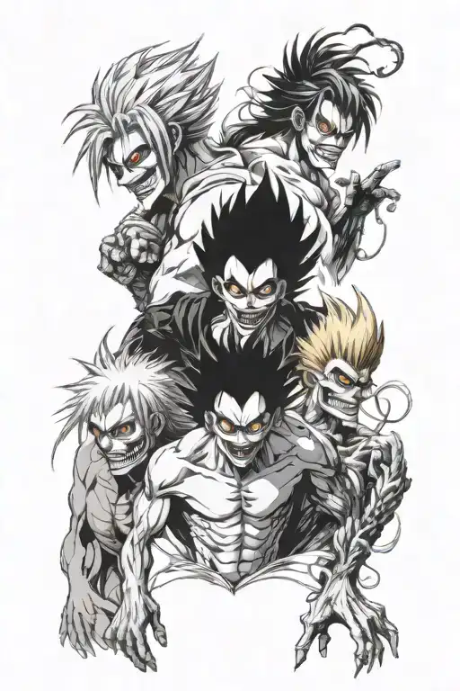 Design a black and white anime arm sleeve with satoru gojo, Ryuk, and ichigo kurosaki tattoo design idea