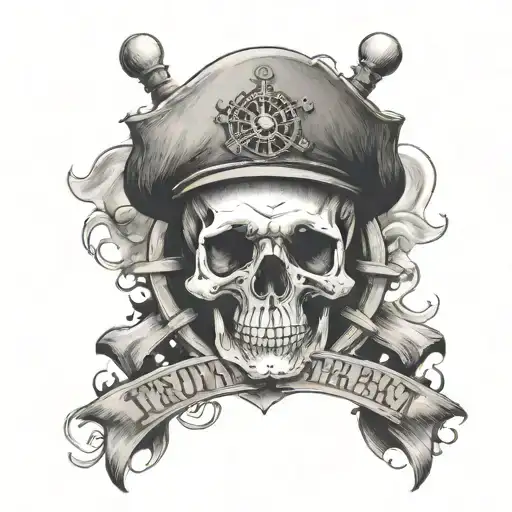 A realistic skull with a ship steering wheel and the phrase 'Truth is important' in a banner tattoo design idea