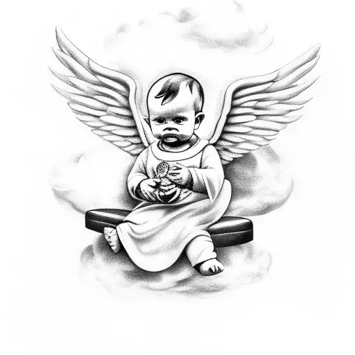 a symetrical and evil, gangster looking Baby angel sitting on a cloud. the cloud should have spreading wings tattoo design idea