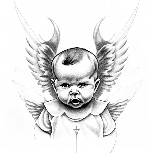a symetrical and evil, gangster looking Baby angel sitting on a cloud. the cloud should have spreading wings tattoo design idea