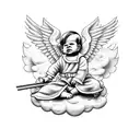 a symetrical and evil, gangster looking Baby angel sitting on a cloud. the cloud should have spreading wings tattoo design idea