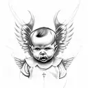 a symetrical and evil, gangster looking Baby angel sitting on a cloud. the cloud should have spreading wings tattoo design idea