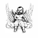 a symetrical and evil, gangster looking Baby angel sitting on a cloud. the cloud should have spreading wings tattoo design idea