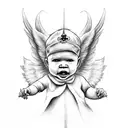 a symetrical and evil, gangster looking Baby angel sitting on a cloud. the cloud should have spreading wings tattoo design idea