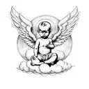 a symetrical and evil, gangster looking Baby angel sitting on a cloud. the cloud should have spreading wings tattoo design idea