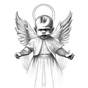 a symetrical and evil, gangster looking Baby angel sitting on a cloud. the cloud should have spreading wings tattoo design idea