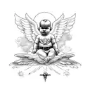 a symetrical and evil, gangster looking Baby angel sitting on a cloud. the cloud should have spreading wings tattoo design idea