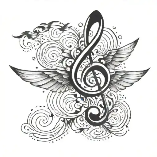 A stylized treble clef morphing into a bird in flight tattoo design idea