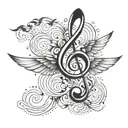 A stylized treble clef morphing into a bird in flight tattoo design idea