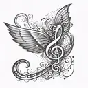 A stylized treble clef morphing into a bird in flight tattoo design idea